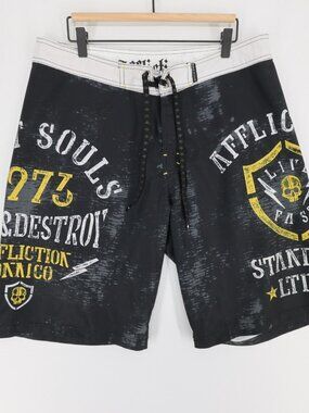 Affliction Board Shorts Mens 36 Black Graphic Swim Trunks Skull Y2K Surf